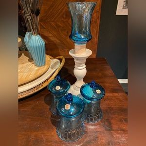 RARE VINTAGE HOMCO Italian Honeycomb Votive Candle Holders Blue Glassware